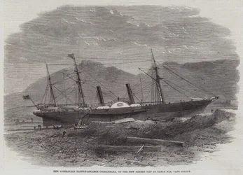 O australiano Paddle-Steamer Coonanbara, no novo registro de patentes na Table Bay, Cape Colony
